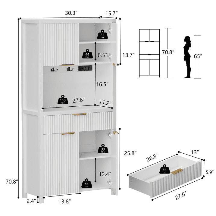 Aufeile 71" Tall Pantry Storage Cabinet with Drawer and Charging Station, Fluted Pantry Cabinet with Adjustable Shelves for Kitchen Dining Room Living Room, White