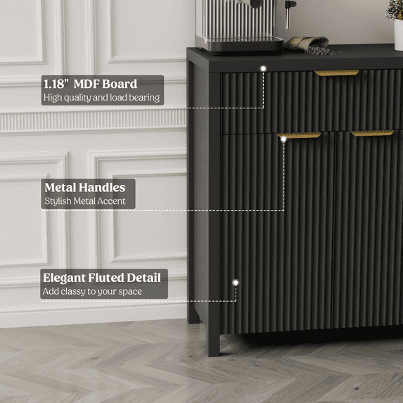 Aufeile 85" W Sideboard Buffet Cabinet with Storage Drawers, Set of 3 Fluted Accent Cabinet with Adjustable Shelves, Modular Storage Cabinet for Dining Room, Kitchen, Living Room, Black