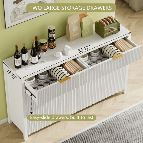 Aufeile Fluted Buffet Cabinet with 2 Drawers, 55L Large Sideboard Credenza with Adjustable Shelf for Dining Room Storage Cabinet, Kitchen Pantry Organizer, Coffee Bar Station, White