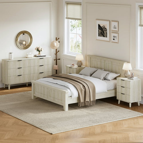 Aufeile 3 Piece Dresser and Nightstand Set for Bedroom, Boho 6 Drawer Dresser & Nightstands Set of 2 with 3 Drawers & USB Charging, Fluted Wood Storage Cabine, Modern Bedroom Furniture Set, White Oak