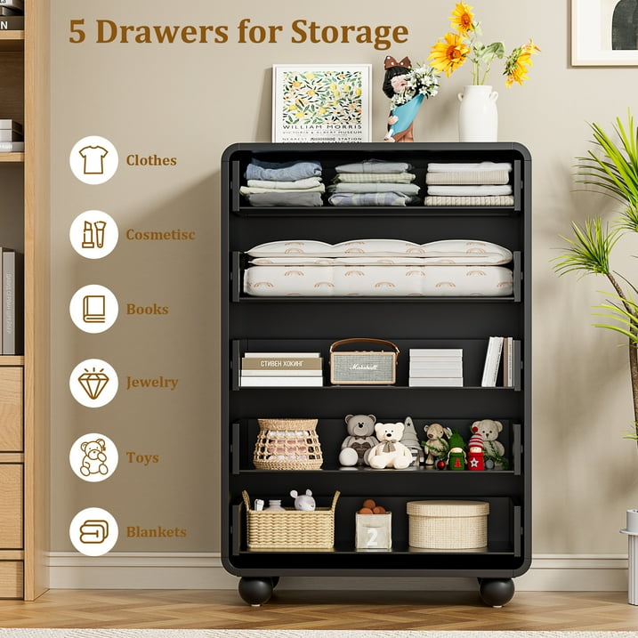Aufeile 41" Tall Dresser for Bedroom, 5 Drawer Modern Wood Dresser with Curved Profile, Chest of Drawers for Bedroom, Vertical Storage Cabinet for Living Room, Entryway, Black
