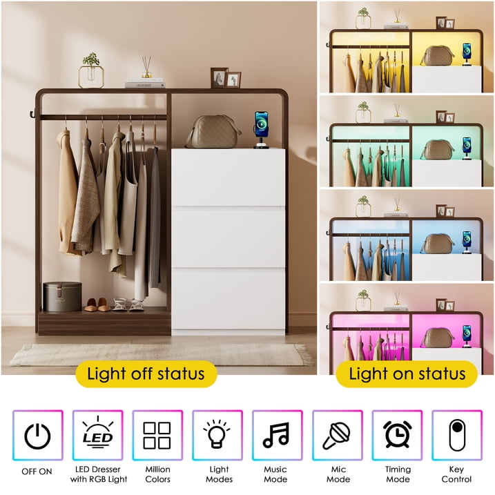 Aufeile Dresser for Bedroom, 3 Drawer Dresser with Hanging Rod, LED Lights & Charging Station, Modern Wood Storage Dresser Chest for Bedroom, Closet, Entryway, White