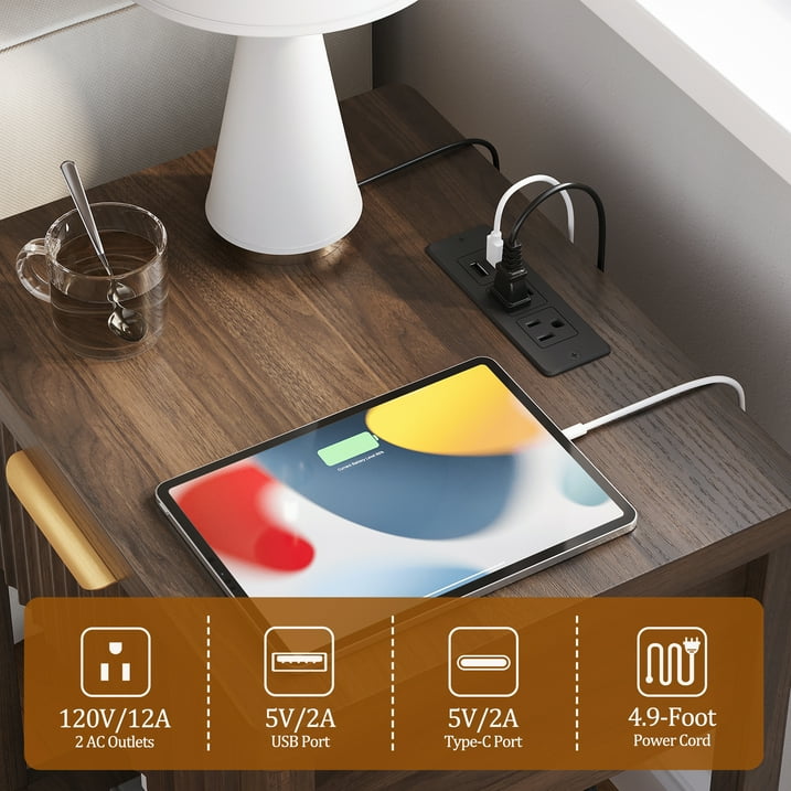 Aufeile Nightstand for Bedroom Set of 2 with Charging Station, Modern Side Table with Drawer & Open Shelf, Fluted End Table with 2 AC Outlets, USB & Type-C, Walnut