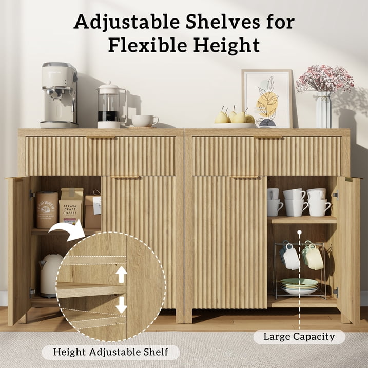 Aufeile Fluted Sideboard and Buffet, Accent Storage Cabinet with Adjustable Shelf for Dining room, Kitchen, Living room, Natural Oak