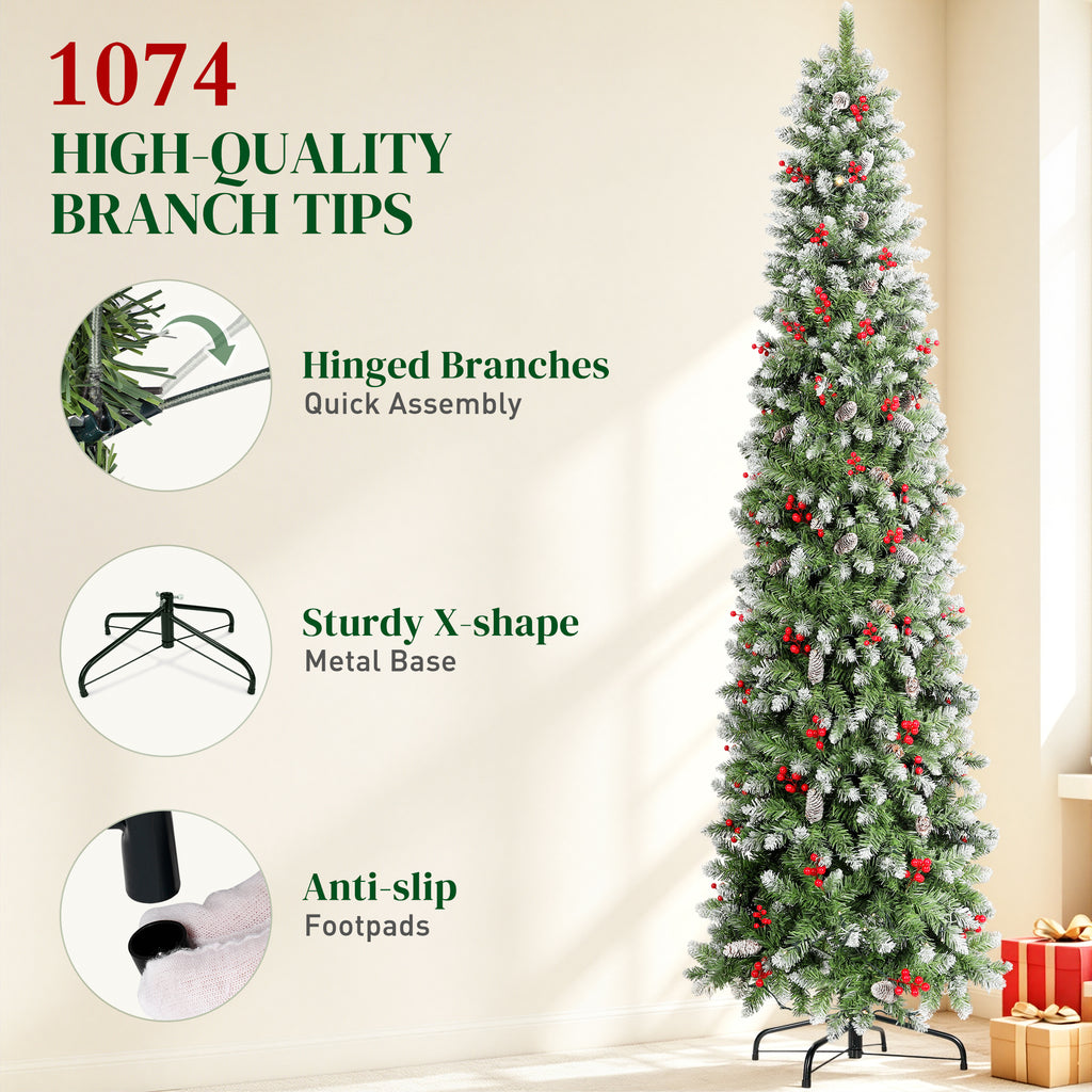 Aufelie 9ft Pre-Lit Pencil Christmas Tree, Slim Tall Xmas Tree, 400 LED Lights, 1074 Hinged Tips, Pine Cones, Berries, Metal Stand