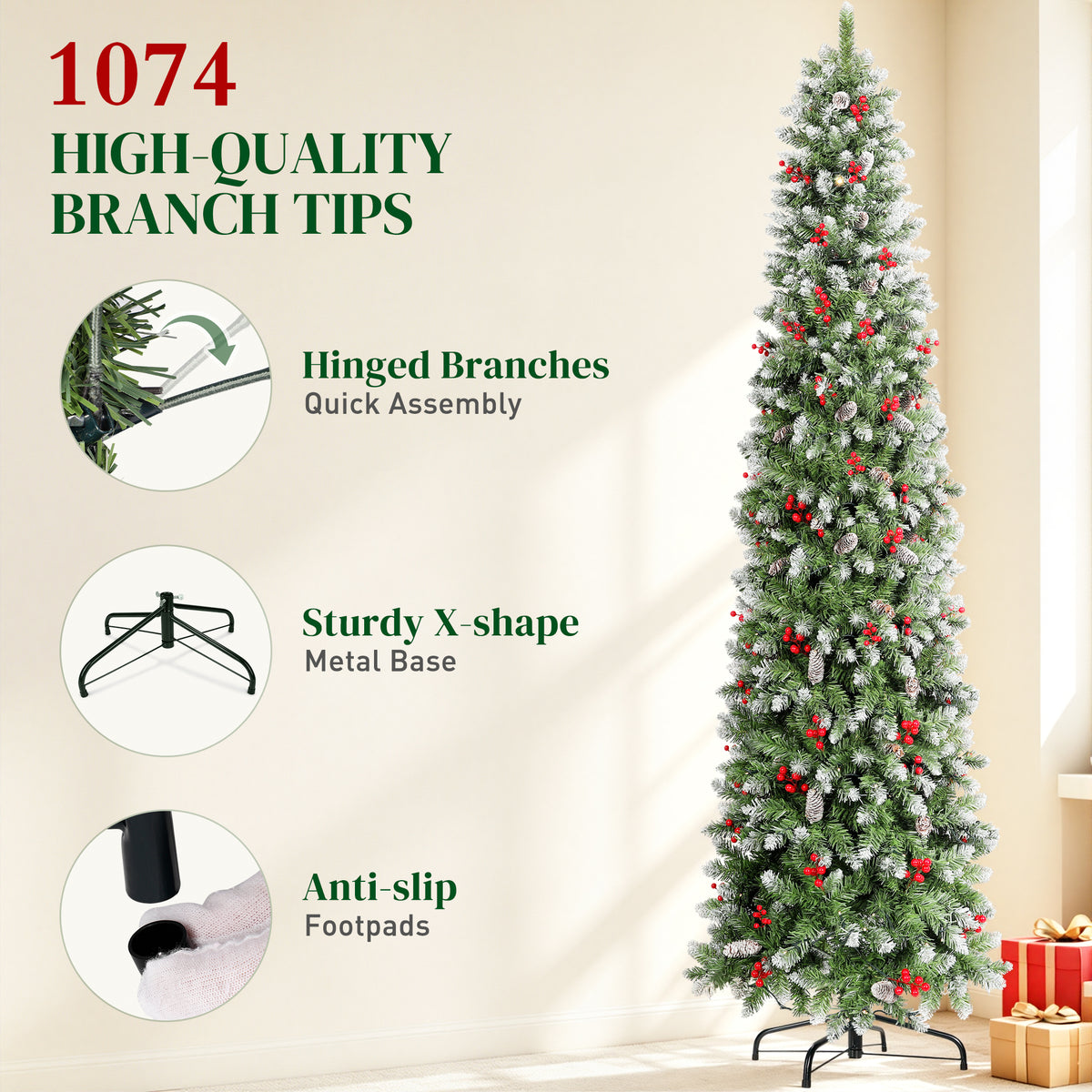 Aufelie 9ft Pre-Lit Pencil Christmas Tree, Slim Tall Xmas Tree, 400 LED Lights, 1074 Hinged Tips, Pine Cones, Berries, Metal Stand