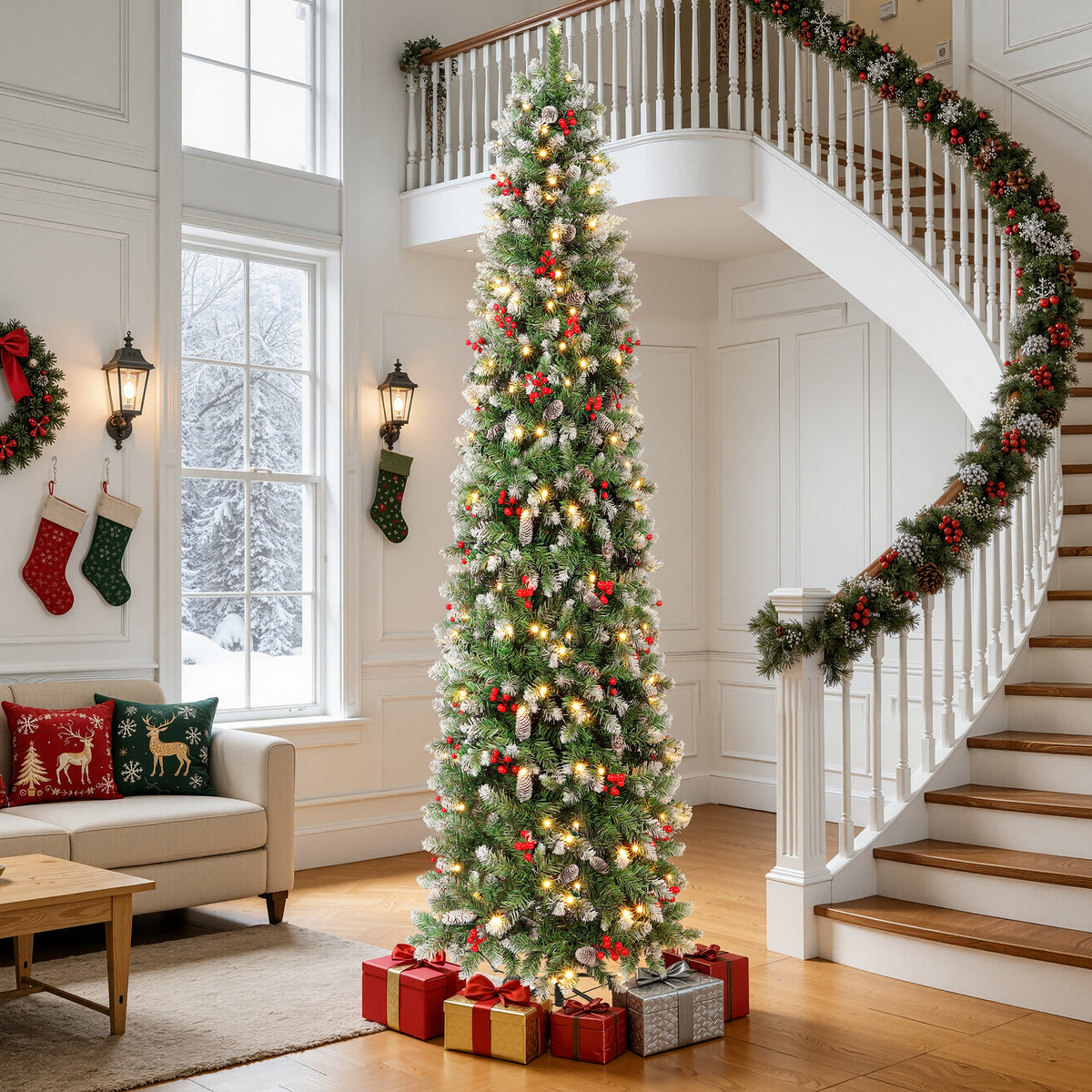 Aufelie 9ft Pre-Lit Pencil Christmas Tree, Slim Tall Xmas Tree, 400 LED Lights, 1074 Hinged Tips, Pine Cones, Berries, Metal Stand