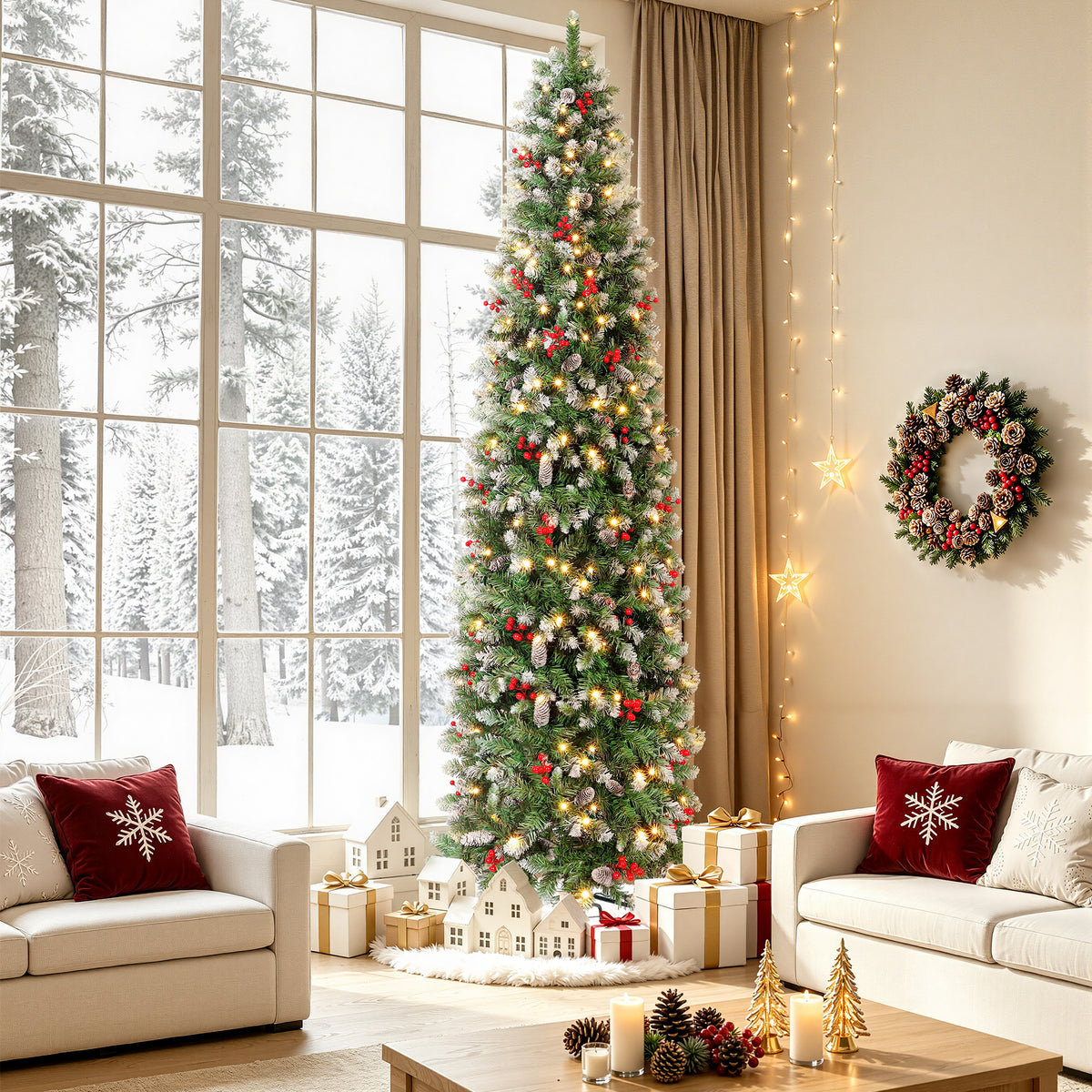 Aufelie 9ft Pre-Lit Pencil Christmas Tree, Slim Tall Xmas Tree, 400 LED Lights, 1074 Hinged Tips, Pine Cones, Berries, Metal Stand