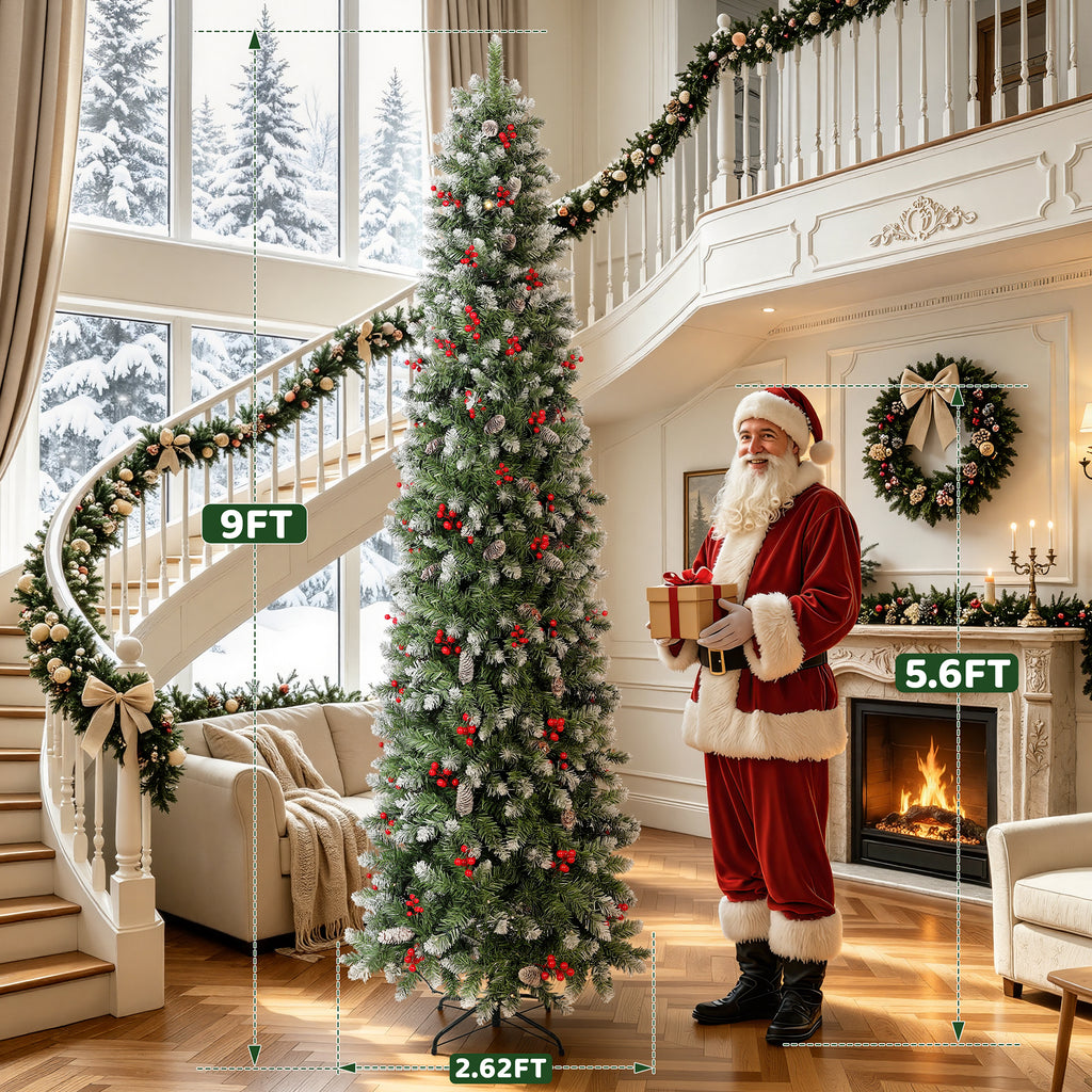 Aufelie 9ft Pre-Lit Pencil Christmas Tree, Slim Tall Xmas Tree, 400 LED Lights, 1074 Hinged Tips, Pine Cones, Berries, Metal Stand