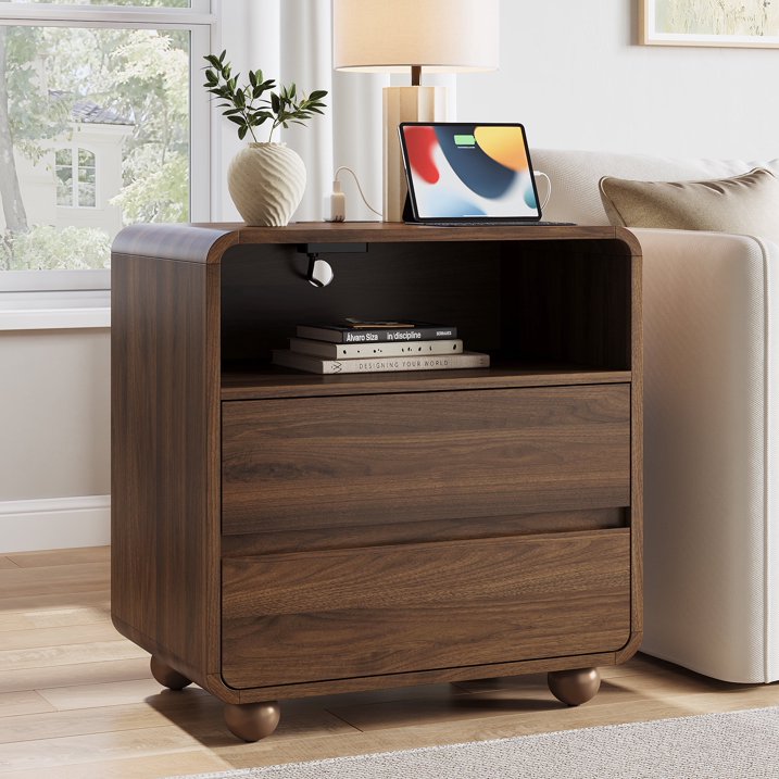 Aufeile 2 Drawer Nightstand with Charging Station, Wood Bedside Table with Open Shelf, Curved Storage Cabinet with USB & Type-C Ports for Bedroom, Living Room, Walnut