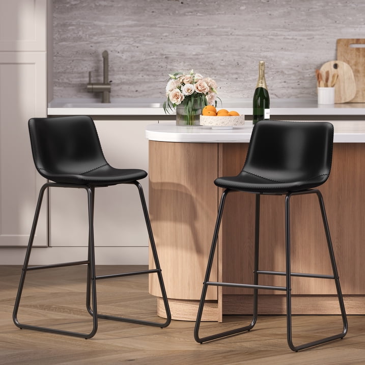 Aufeile 26" Counter Height Bar Stools Set of 2 – Modern Faux Leather Barstools with Back & Metal Legs, Kitchen Bar Chairs for Island, Dining Room, Black