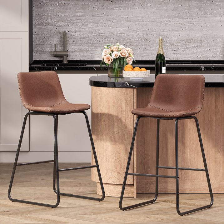 Aufeile 26" Counter Height Bar Stools Set of 2 – Modern Faux Leather Barstools with Back & Metal Legs, Kitchen Bar Chairs for Island, Dining Room, Dark Brown