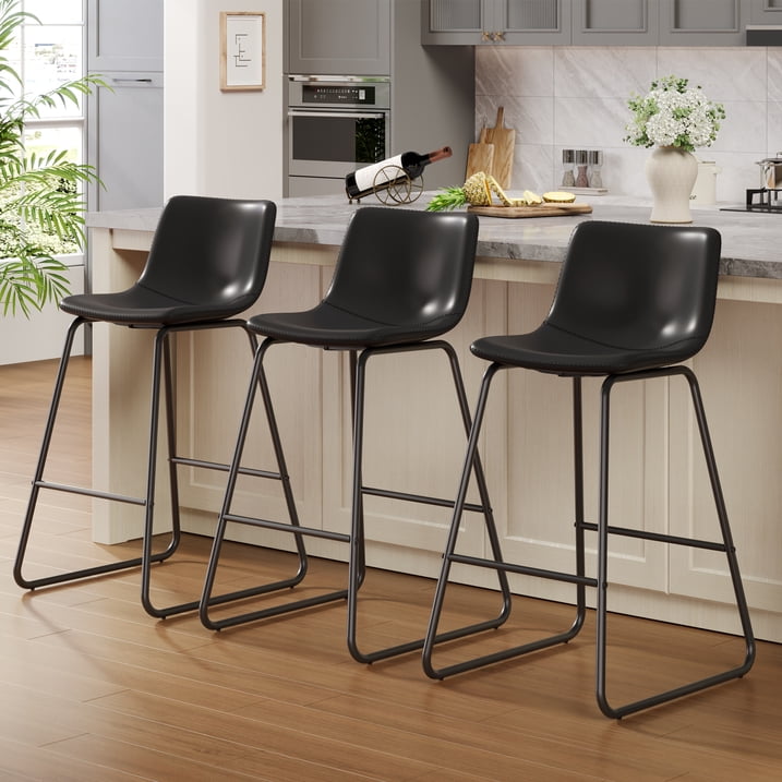Aufeile 26" Counter Height Bar Stools Set of 3 – Modern Faux Leather Barstools with Back & Metal Legs, Kitchen Bar Chairs for Island, Dining Room, Black