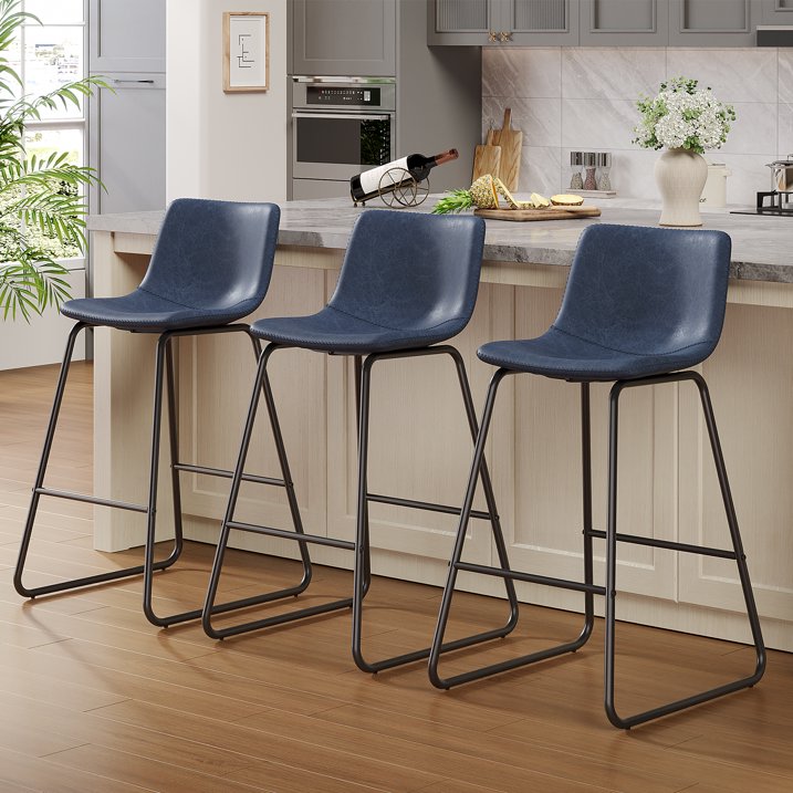 Aufeile 26" Counter Height Bar Stools Set of 3 – Modern Faux Leather Barstools with Back & Metal Legs, Kitchen Bar Chairs for Island, Dining Room, Blue