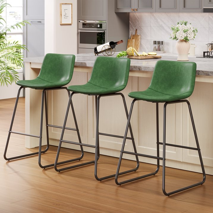 Aufeile 26" Counter Height Bar Stools Set of 3 – Modern Faux Leather Barstools with Back & Metal Legs, Kitchen Bar Chairs for Island, Dining Room, Green