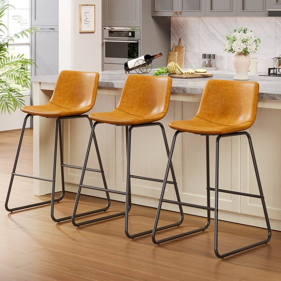 Aufeile 26" Counter Height Bar Stools Set of 3 – Modern Faux Leather Barstools with Back & Metal Legs, Kitchen Bar Chairs for Island, Dining Room, Whiskey Brown