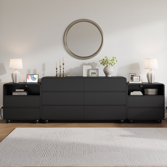 Aufeile 3 Piece Dresser and Nightstand Set for Bedroom, 53" 6 Drawer Wood Dresser with 2 Nightstands and Charging Station, Modern Bedroom Furniture Set with Storage Drawers, Black
