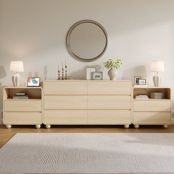 Aufeile 3 Piece Dresser and Nightstand Set for Bedroom, 53" 6 Drawer Wood Dresser with 2 Nightstands and Charging Station, Modern Bedroom Furniture Set with Storage Drawers, Natural