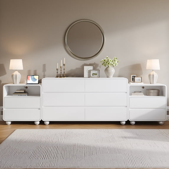 Aufeile 3 Piece Dresser and Nightstand Set for Bedroom, 53" 6 Drawer Wood Dresser with 2 Nightstands and Charging Station, Modern Bedroom Furniture Set with Storage Drawers, White