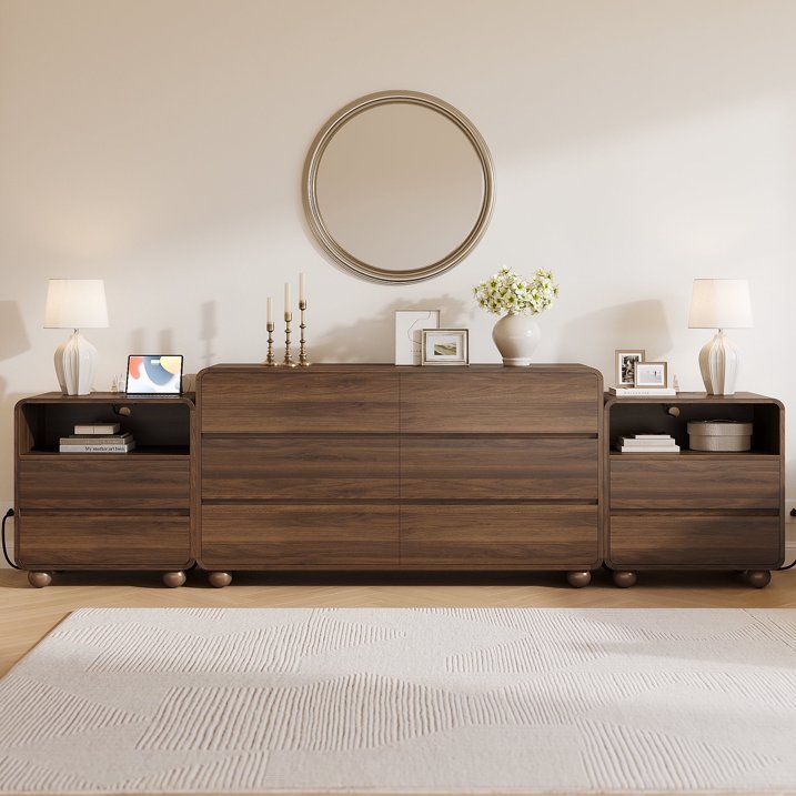 Aufeile Bedroom Dresser and Nightstand 3 Piece Set, 53" 6 Drawer Wood Dresser & Nightstand Set of 2 with Charging Station, Modern Curved Bedroom Furniture Set, Chest of Drawers, Walnut