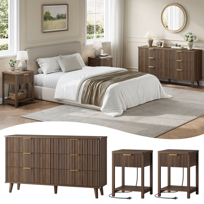 Aufeile 3 Piece Dresser and Nightstand Set for Bedroom, Boho 6 Drawer Dresser & 2 Nightstands with USB Charging, Fluted Wood Storage Cabine, Modern Bedroom Furniture Set, Walnut