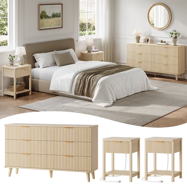Aufeile 3 Piece Dresser and Nightstand Set for Bedroom, Boho 6 Drawer Dresser & 2 Nightstands with USB Charging, Fluted Wood Storage Cabine, Modern Bedroom Furniture Set, Natural