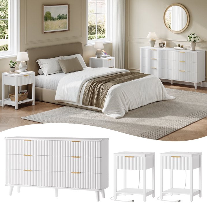 Aufeile 3 Piece Dresser and Nightstand Set for Bedroom, Boho 6 Drawer Dresser & 2 Nightstands with USB Charging, Fluted Wood Storage Cabine, Modern Bedroom Furniture Set, White