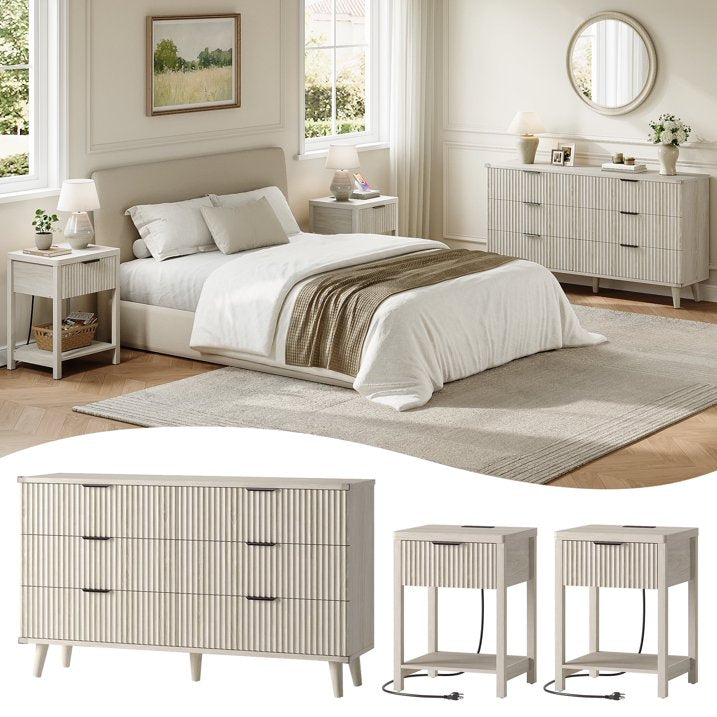 Aufeile 3 Piece Dresser and Nightstand Set for Bedroom, Boho 6 Drawer Dresser & 2 Nightstands with USB Charging, Fluted Wood Storage Cabine, Modern Bedroom Furniture Set, White Oak