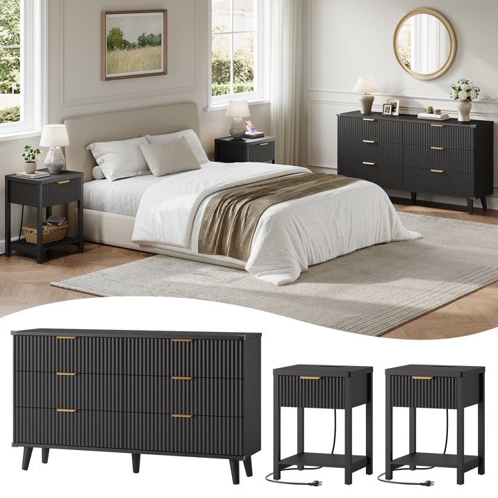 Aufeile 3 Piece Dresser and Nightstand Set for Bedroom, Boho 6 Drawer Dresser & 2 Nightstands with USB Charging, Fluted Wood Storage Cabine, Modern Bedroom Furniture Set, Black