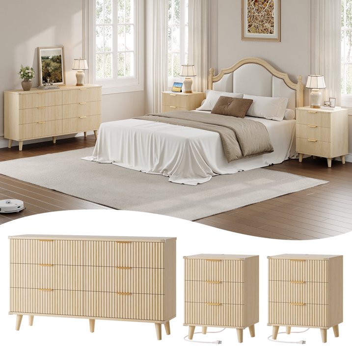 Aufeile 3 Piece Dresser and Nightstand Set for Bedroom, Boho 6 Drawer Dresser & Nightstands Set of 2 with 3 Drawers & USB Charging, Fluted Wood Storage Cabine, Modern Bedroom Furniture Set, Natural