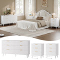 Aufeile 3 Piece Dresser and Nightstand Set for Bedroom, Boho 6 Drawer Dresser & Nightstands Set of 2 with 3 Drawers & USB Charging, Fluted Wood Storage Cabine, Modern Bedroom Furniture Set, White