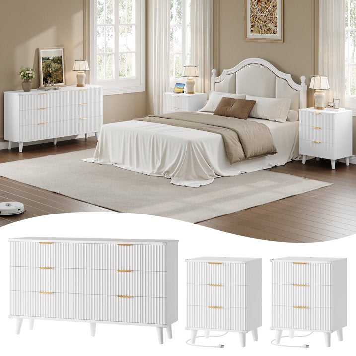 Aufeile 3 Piece Dresser and Nightstand Set for Bedroom, Boho 6 Drawer Dresser & Nightstands Set of 2 with 3 Drawers & USB Charging, Fluted Wood Storage Cabine, Modern Bedroom Furniture Set, White