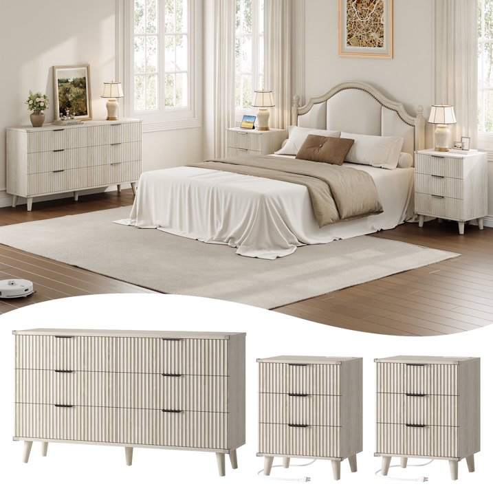 Aufeile 3 Piece Dresser and Nightstand Set for Bedroom, Boho 6 Drawer Dresser & Nightstands Set of 2 with 3 Drawers & USB Charging, Fluted Wood Storage Cabine, Modern Bedroom Furniture Set, White Oak