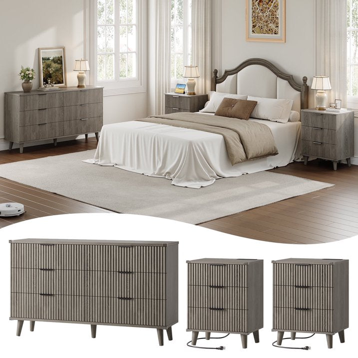 Aufeile 3 Piece Dresser and Nightstand Set for Bedroom, Boho 6 Drawer Dresser & Nightstands Set of 2 with 3 Drawers & USB Charging, Modern Bedroom Furniture Set, Dark Grey Oak