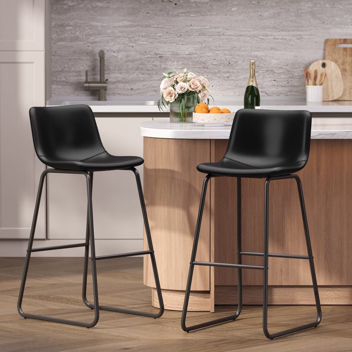 Aufeile 30" Counter Height Bar Stools Set of 2 – Modern Faux Leather Barstools with Back & Metal Legs, Kitchen Bar Chairs for Island, Dining Room, Black