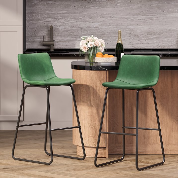 Aufeile 30" Counter Height Bar Stools Set of 2 – Modern Faux Leather Barstools with Back & Metal Legs, Kitchen Bar Chairs for Island, Dining Room, Green
