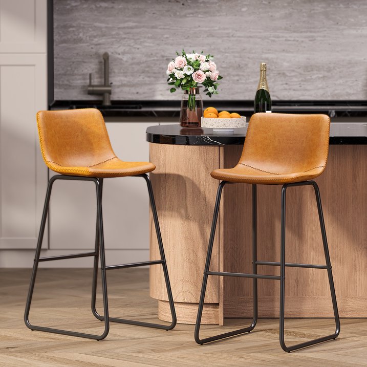 Aufeile 30" Counter Height Bar Stools Set of 2 – Modern Faux Leather Barstools with Back & Metal Legs, Kitchen Bar Chairs for Island, Dining Room, Whiskey Brown