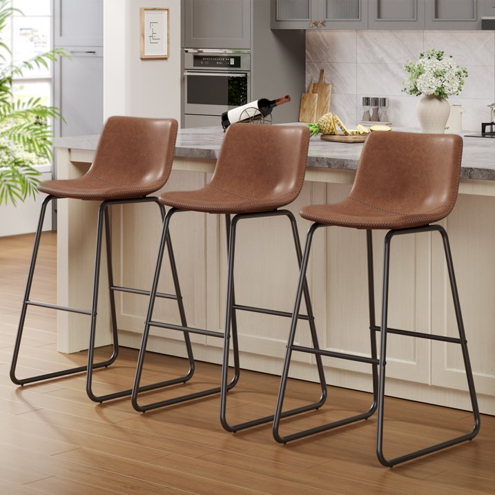 Aufeile 30" Counter Height Bar Stools Set of 3 – Modern Faux Leather Barstools with Back & Metal Legs, Kitchen Bar Chairs for Island, Dining Room, Dark Brown