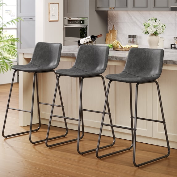 Aufeile 30" Counter Height Bar Stools Set of 3 – Modern Faux Leather Barstools with Back & Metal Legs, Kitchen Bar Chairs for Island, Dining Room, Gray