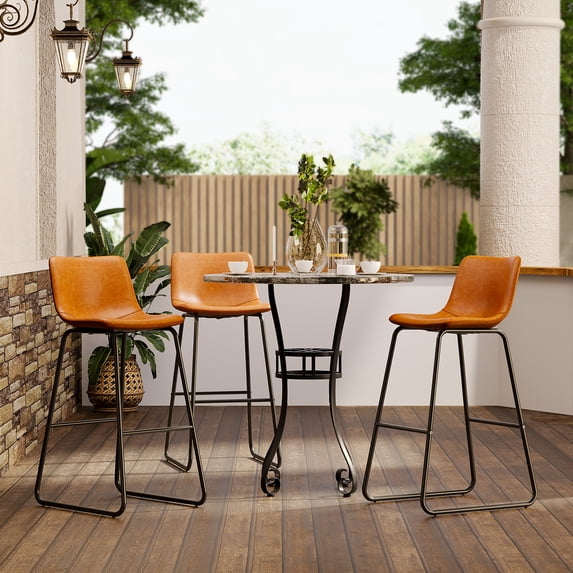 Aufeile 30" Counter Height Bar Stools Set of 3 – Modern Faux Leather Barstools with Back & Metal Legs, Kitchen Bar Chairs for Island, Dining Room, Whiskey Brown