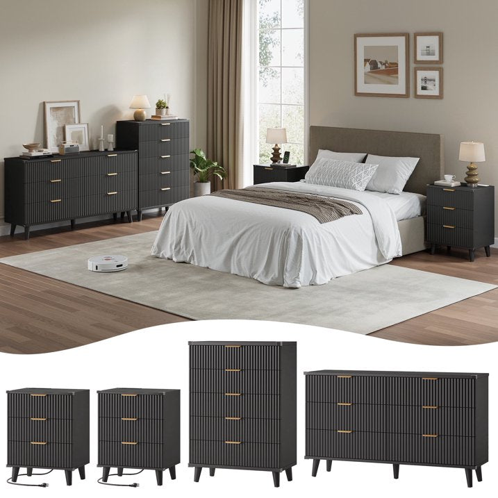 Aufeile 4 Piece Boho Dresser Set for Bedroom, 6 Drawer Dresser, 5 Drawer Tall Dresser & 2 Nightstands with 3 Drawers & USB Charging, Fluted Wood Bedroom Furniture Set, Black