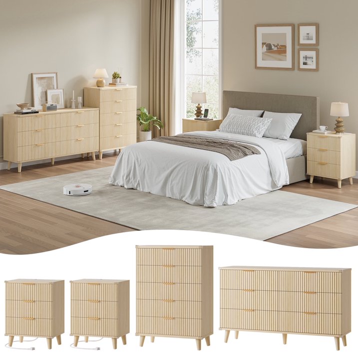 Aufeile 4 Piece Boho Dresser Set for Bedroom, 6 Drawer Dresser, 5 Drawer Tall Dresser & 2 Nightstands with 3 Drawers & USB Charging, Fluted Wood Bedroom Furniture Set, Natural