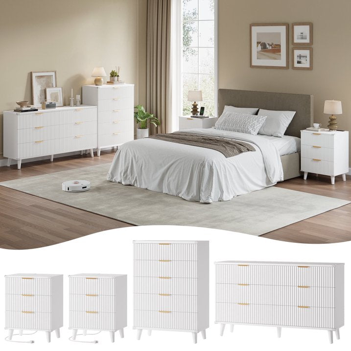Aufeile 4 Piece Boho Dresser Set for Bedroom, 6 Drawer Dresser, 5 Drawer Tall Dresser & 2 Nightstands with 3 Drawers & USB Charging, Fluted Wood Bedroom Furniture Set, White