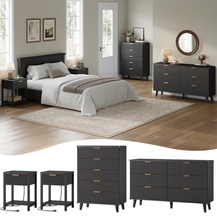 Aufeile 4 Piece Boho Dresser Set for Bedroom, 6 Drawer Dresser, 5 Drawer Tall Dresser & 2 Nightstands with & USB Charging, Fluted Wood Bedroom Furniture Set, Black