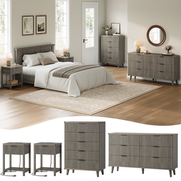 Aufeile 4 Piece Boho Dresser Set for Bedroom, 6 Drawer Dresser, 5 Drawer Tall Dresser & 2 Nightstands with & USB Charging, Fluted Wood Bedroom Furniture Set, Dark Grey Oak