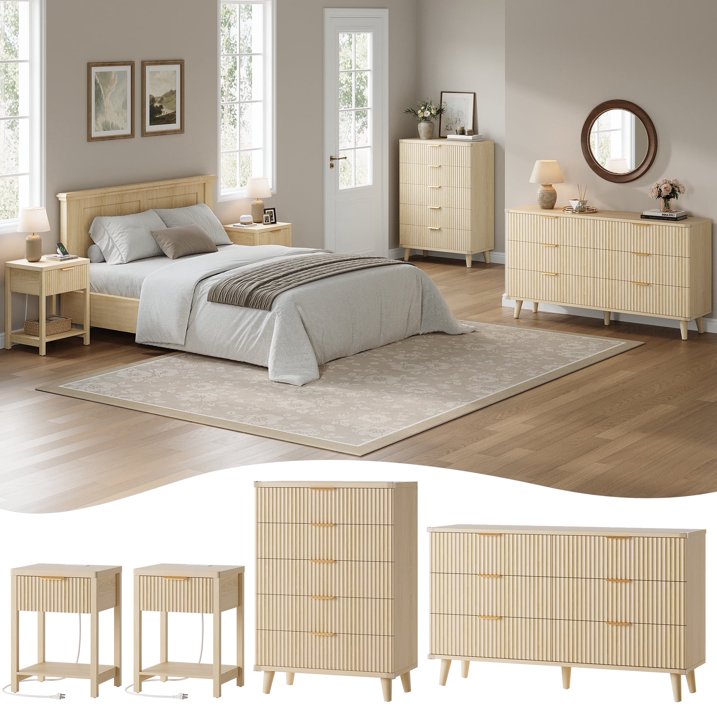 Aufeile 4 Piece Boho Dresser Set for Bedroom, 6 Drawer Dresser, 5 Drawer Tall Dresser & 2 Nightstands with & USB Charging, Fluted Wood Bedroom Furniture Set, Natural