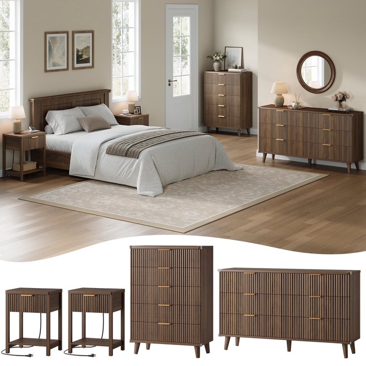 Aufeile 4 Piece Boho Dresser Set for Bedroom, 6 Drawer Dresser, 5 Drawer Tall Dresser & 2 Nightstands with & USB Charging, Fluted Wood Bedroom Furniture Set, Walnut
