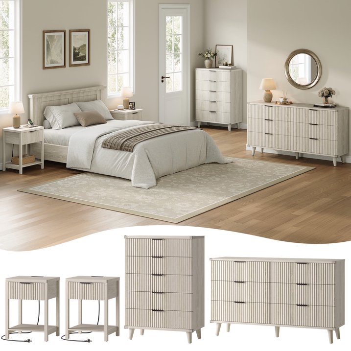 Aufeile 4 Piece Boho Dresser Set for Bedroom, 6 Drawer Dresser, 5 Drawer Tall Dresser & 2 Nightstands with & USB Charging, Fluted Wood Bedroom Furniture Set, White Oak