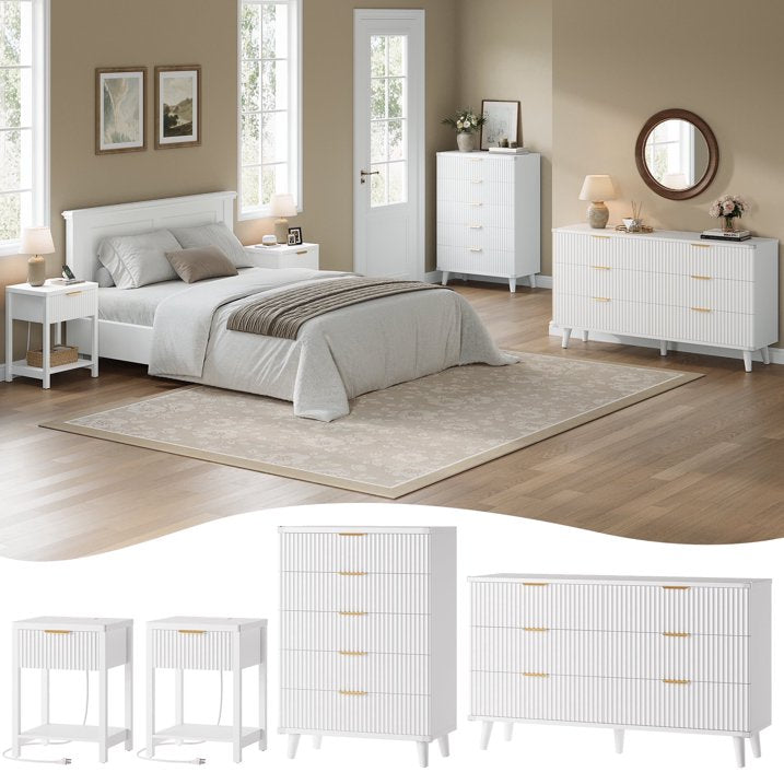 Aufeile 4 Piece Boho Dresser Set for Bedroom, 6 Drawer Dresser, 5 Drawer Tall Dresser & 2 Nightstands with & USB Charging, Fluted Wood Bedroom Furniture Set, White