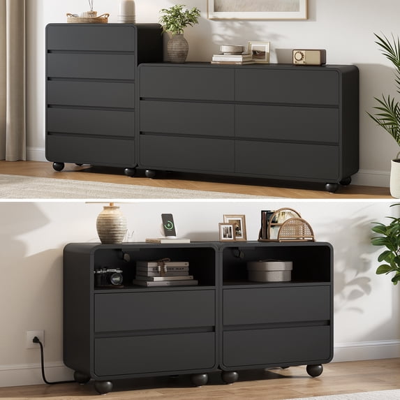Aufeile 4 Piece Curved Dresser and Nightstand Set for Bedroom, 6 Drawer Dresser, Tall 5 Drawer Chest & 2 Nightstands with Charging Station, Modern Curved Profile Bedroom Furniture Set, Black